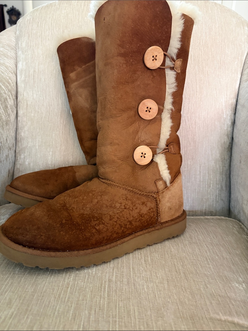 UGG Chestnut Button-Front Tall Suede Boots with Shearling